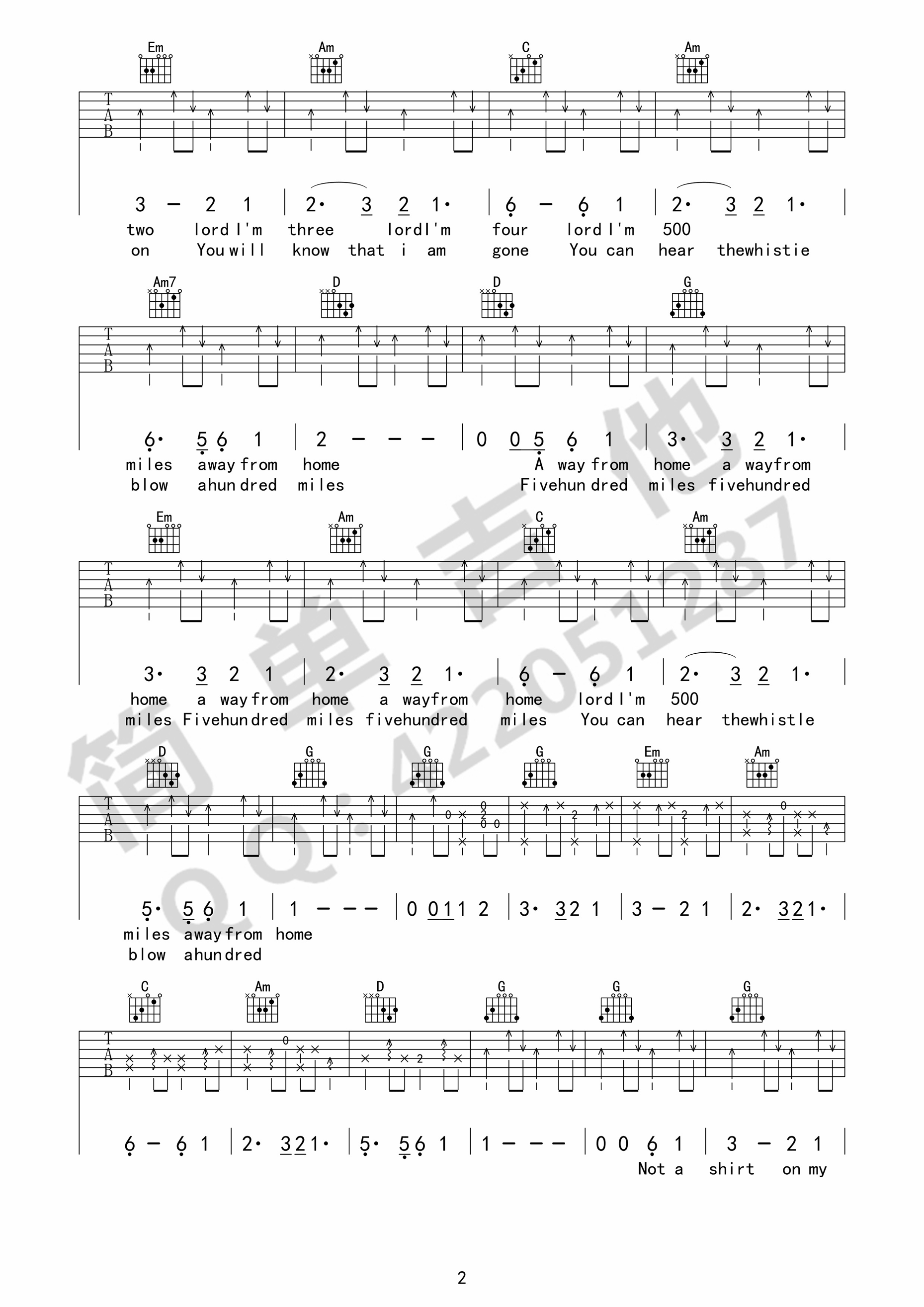 500miles吉他谱2